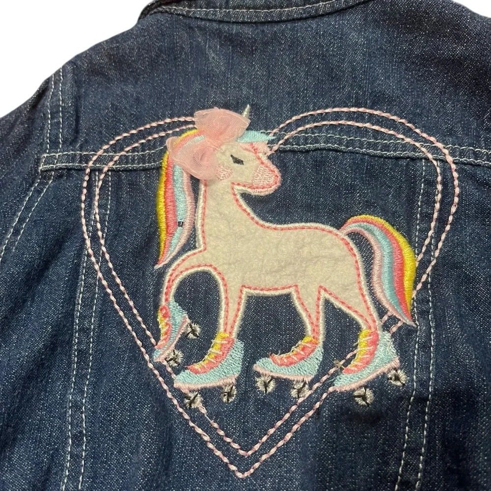 Nannette Kids Girl's‎ 3T Denim Jacket Button Up Ruffle Sleeve Unicorn Hearts
